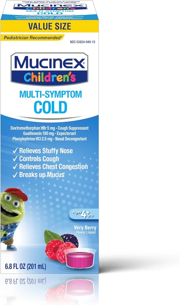 Mucinex Βήχας Αντιπροσωπεύει το στήθος Συμφόρηση και Stuffy Nose Relief Παιδικό Multi-Συμπτώματα Ψυχρό Υγρό, Πολύ μούρο, 6.8 Fl Oz (πακέτο του 1)