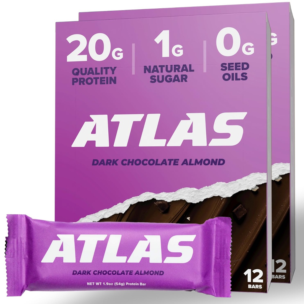 Atlas Protein Bar, 20g πρωτεΐνη, 1g ζάχαρη, καθαρά συστατικά, χωρίς γλουτένη, αμύγδαλο μαύρης σοκολάτας (12 κόμης, συσκευασία του 2)