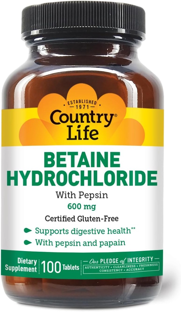 Country Life Betaine Hydrochloride with Pepsin, 600mg, 100 Tablets, Certified Gluten Free