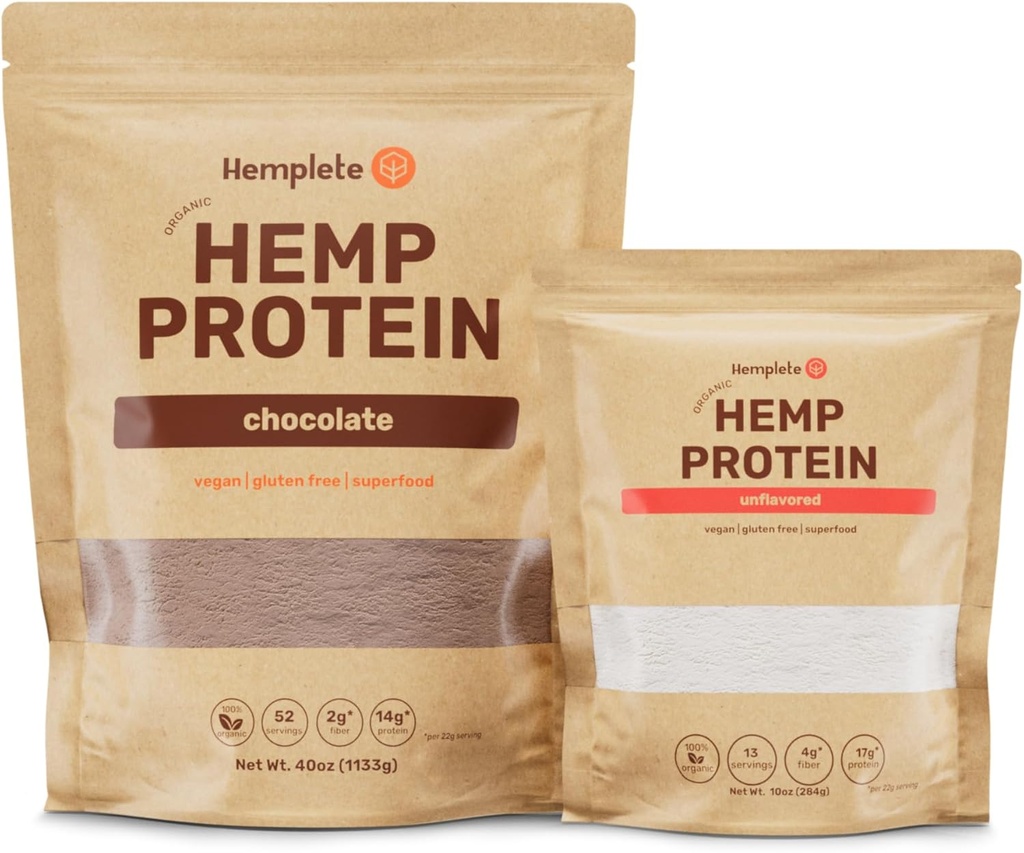 Hemp Vegan Protein Powder for Heart and Brain Health, Easy to Digest Plant Protein for Muscle Building and Recovery, 9 Essential Amino Acids, (Chocolate40oz and Unflavored10oz)