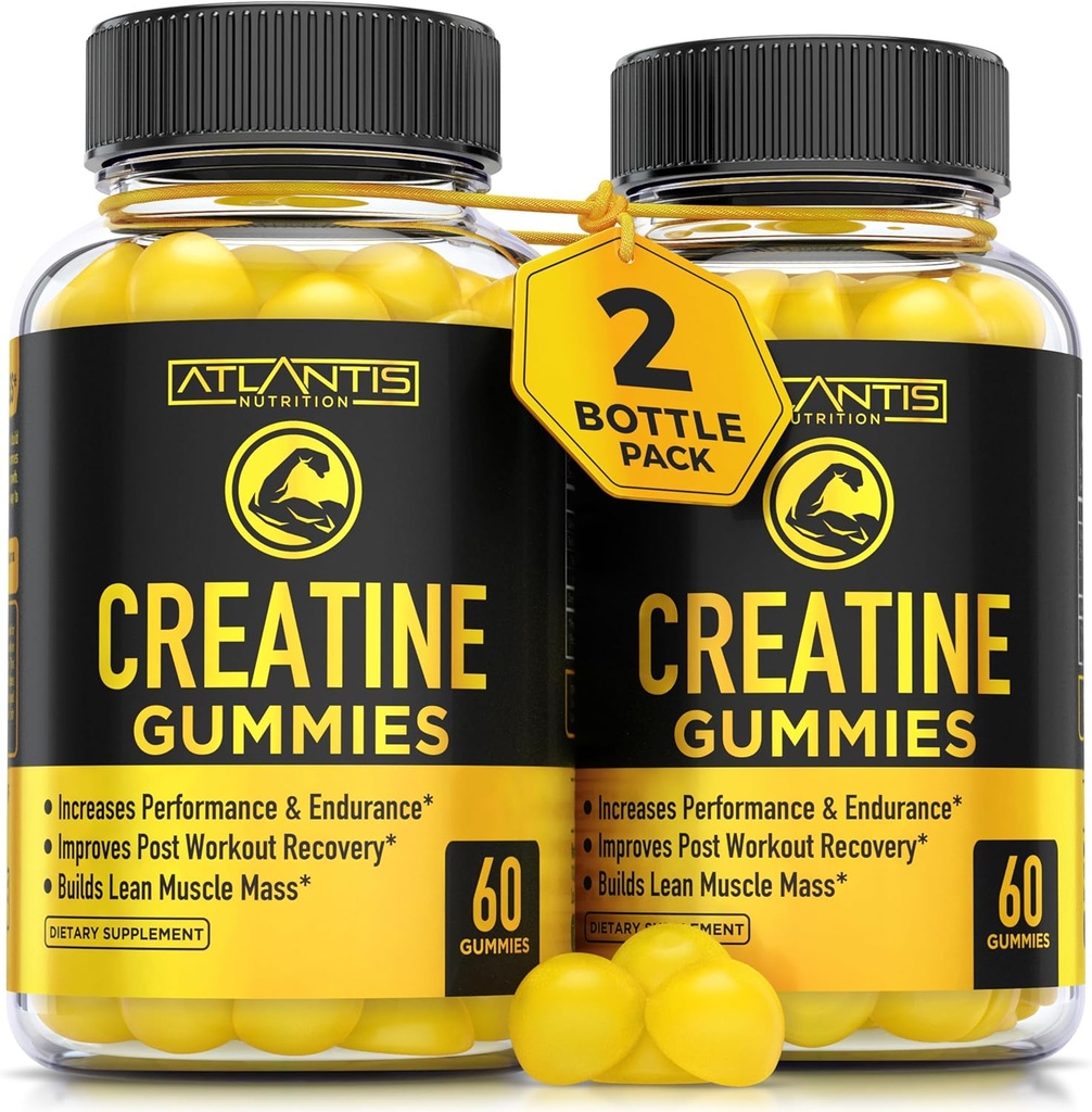 Atlantis Nutrition Creatine Monohydrate Gummies for Strength & Athletic Performance - 5g Creatine Per Serving - Build Muscle, Boost Performance & Endurance & Improve Post Workout Recovery - 120 Count