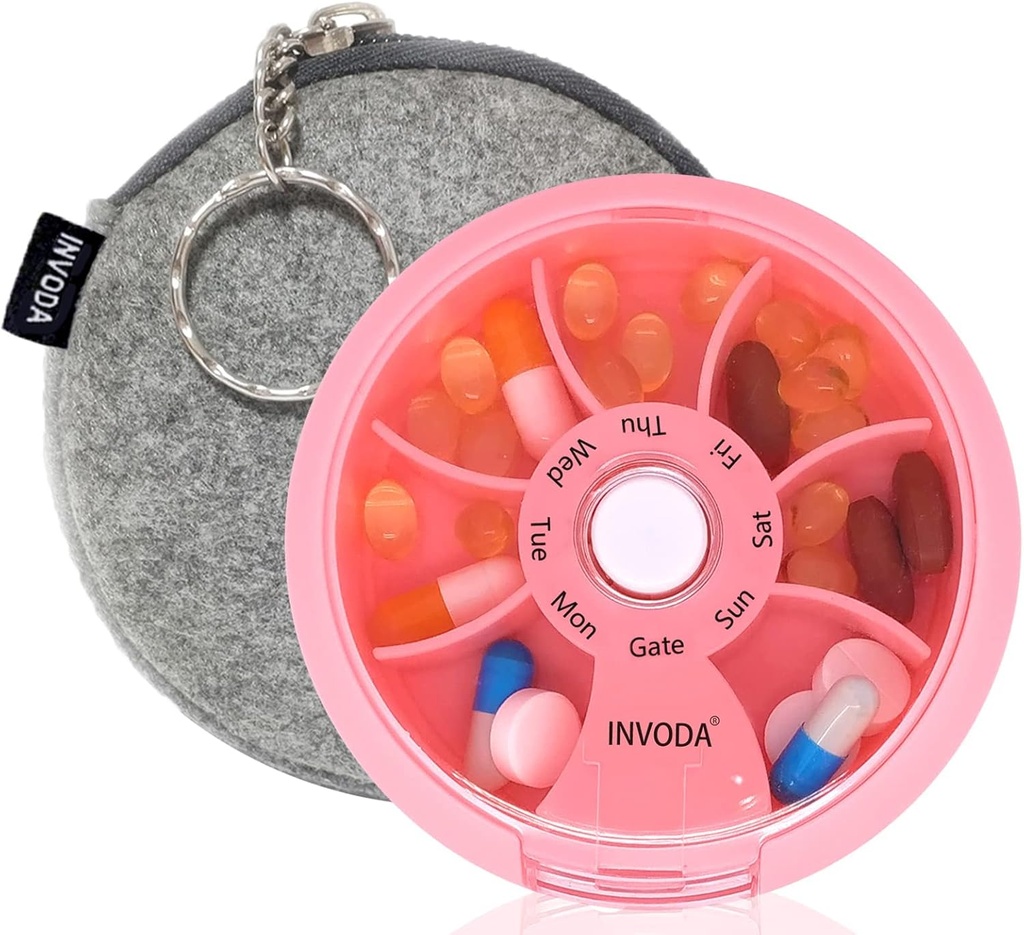 INVODA Weekly Pill Organizer 7 Διαμέρισμα Περιστρεφόμενο Χάπια Κουτί για Καθημερινή Φάρμακα & Βιταμίνες - Φορητή Περιπτωσιολογική Υπόθεση Χάπια Ψαρέλαιο Συμπληρώματα Βιταμίνες Οργανωτής (Pink+Bag)