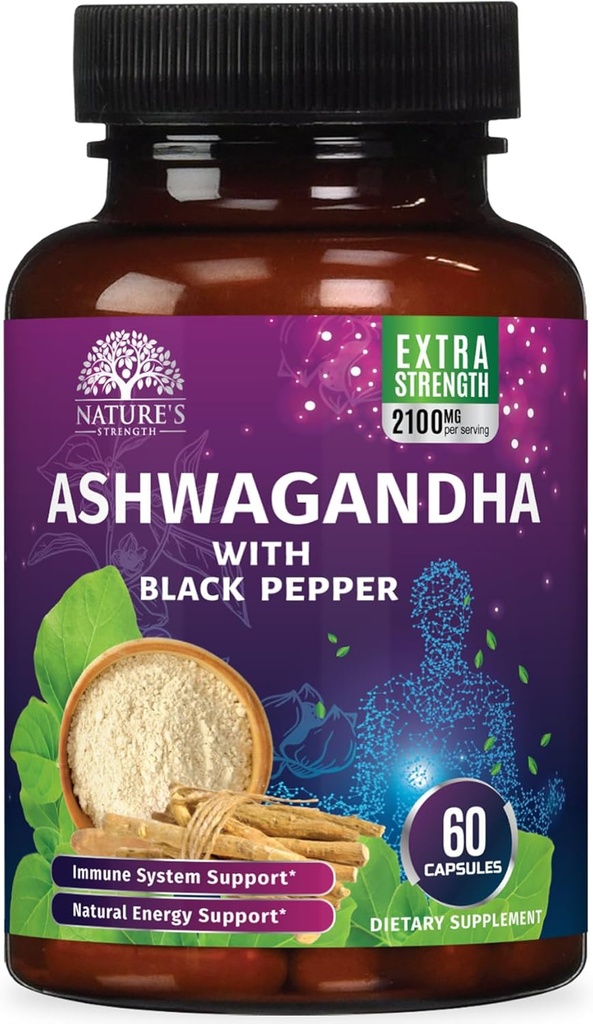 Ashwagandha Συμπληρώματα 2100mg - Extra Strength Ashwagandha Powder & Root Extract με Μαύρο Πιπέρι για Max Απορρόφηση, Φυτικά Αντιοξειδωτικά Συμπληρώματα για Γυναίκες & Άνδρες, Vegan, Μη ΓΤΟ - 60 Κάψουλες