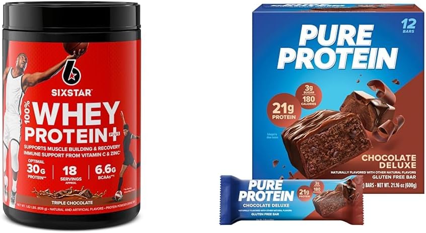 Έξι αστέρια Elite 100% πρωτεΐνη Whey Plus τριπλή σοκολάτα 1,8lbs και καθαρή σοκολάτα πρωτεϊνών Deluxe μπάρες πρωτεΐνης 12 Count Pack