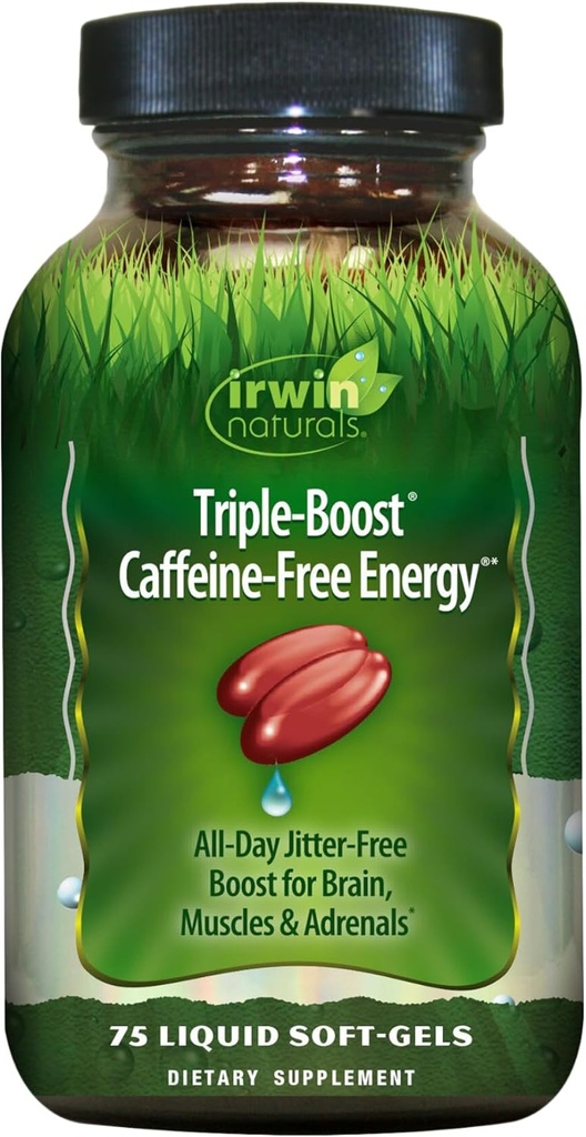 Irwin Naturals Triple-Boost Caffeine-Free Energy - Διαρκής, Jitter-Free Focus - Εγκεφαλική ενίσχυση Nootropic - 75 Υγρά Softgels