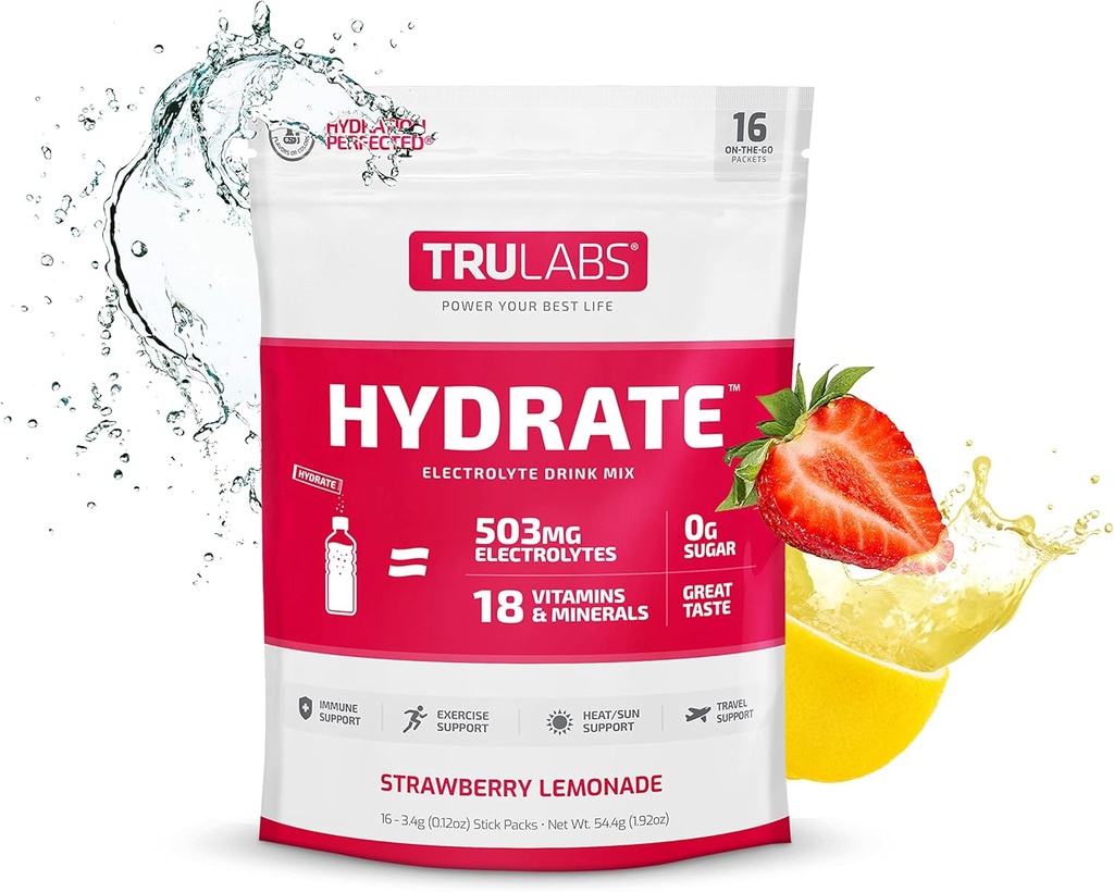 TRULABS Hydrate Strawberry Lemonade, Hydration Electrolyte Powdered Drink Mix,16 Sticks. Zero Sugar, Only 5 Calories, 503mg Electrolytes.