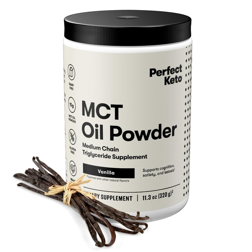 Perfect Keto 7g MCT Oil Powder, Συμπλήρωμα Τριγλυκεριδίων μέσης αλυσίδας, Μη Γαλακτοκομική Κρέμα Καφέ για Keto Diet, Κετογόνο MCT Oil Mix για τον καφέ, Smoothie, Protein Shakes και Τσάι, Βανίλια, 30 Σερβιέτες