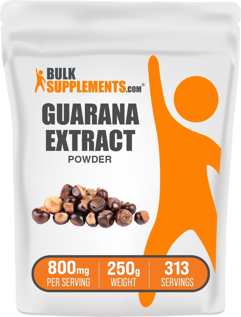 BulkSupplements.com Guarana Extract Powder - Φυσικό συμπλήρωμα καφεΐνης, από Guarana Seed, Guarana Powder - Χωρίς γλουτένη, 800mg ανά Σερβίρισμα, 250g (8,8 oz) (Pack of 1)
