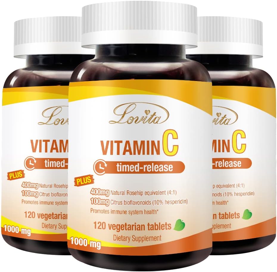Lovita Vitamin C 1000mg with Bioflavonoids & Rose HIPS, Timed Release Coating, High Potency, Support Boost Healthy Immune Function, 120 Vegetarian Tablets for 4 Month Supply (Pack of 3)