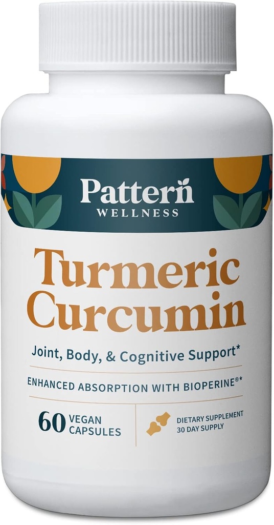 Pattern Wellness Turmeric Curcumin – 1300mg – 95% Curcuminoids with BioPerine® Black Pepper – Joint, Cognitive & Immune Support – Non-GMO, Gluten Free – 60 Capsules