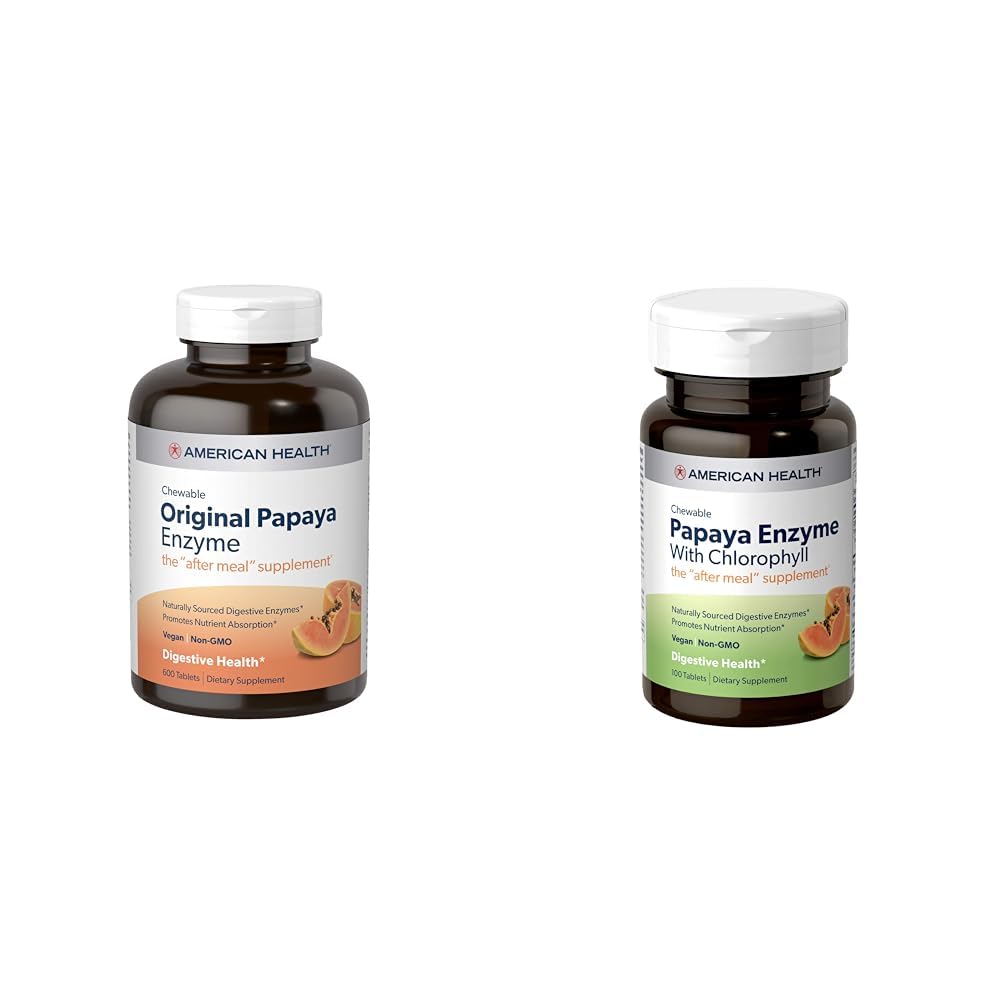 American Health Papaya Digestive Enzyme Chewable Tablets Bundle - Original 600 Count και με Chlorophyl 100 Count