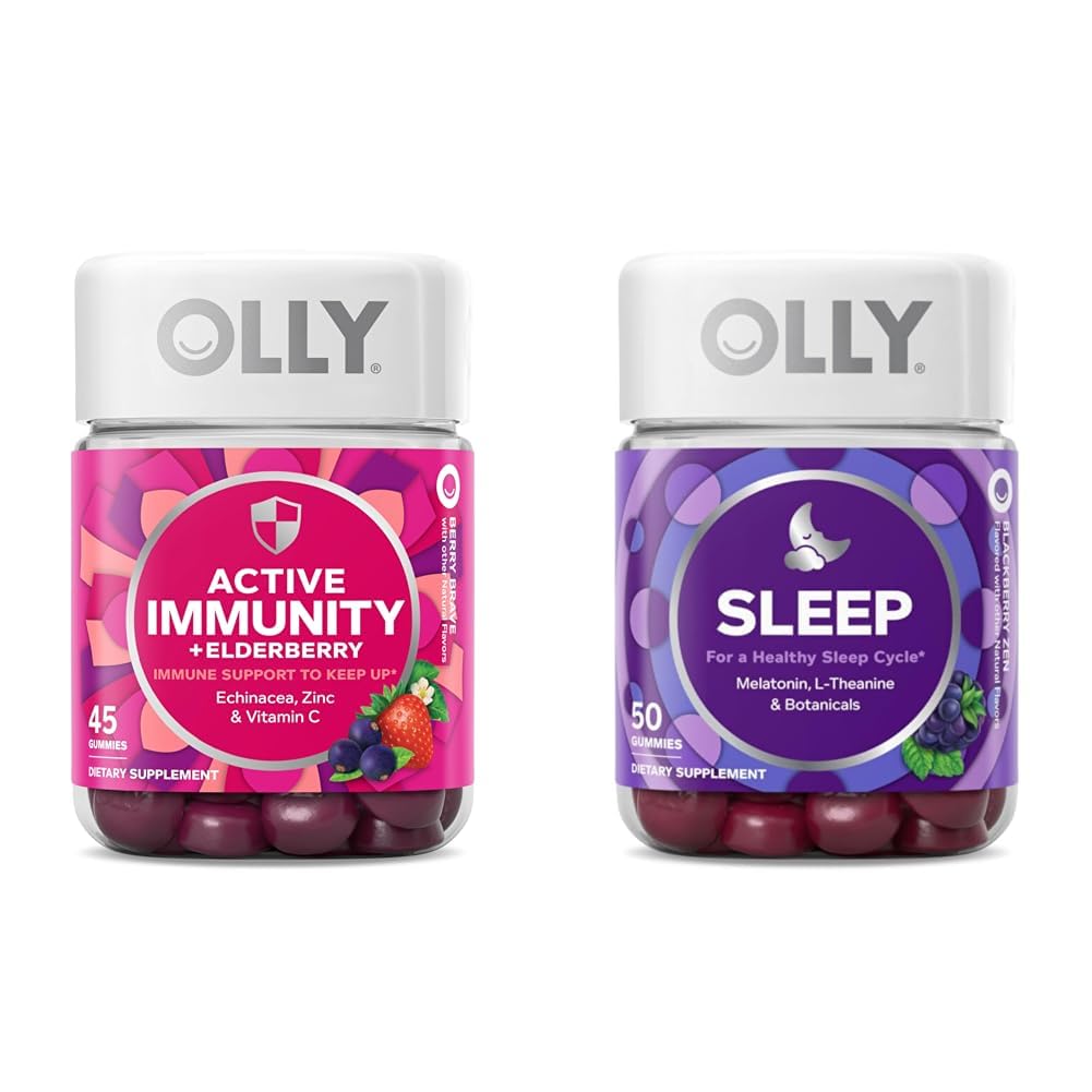 OLLY Gummy Active Immunity+Elderberry 45 Gummies, Sleep Gummy Occasional Sleep Support 50 Count