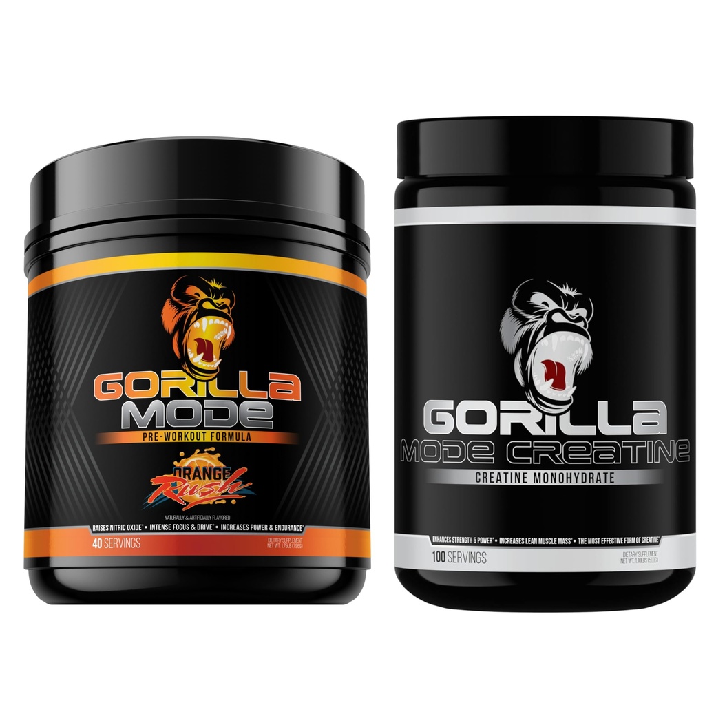 Gorilla μυαλό προ προπόνηση (Orange Rush) + Createine (100 Serv.) - Πλήρης στοίβα για βελτιωμένη δύναμη, την έξοδο ενέργειας, και το μέγεθος των μυών