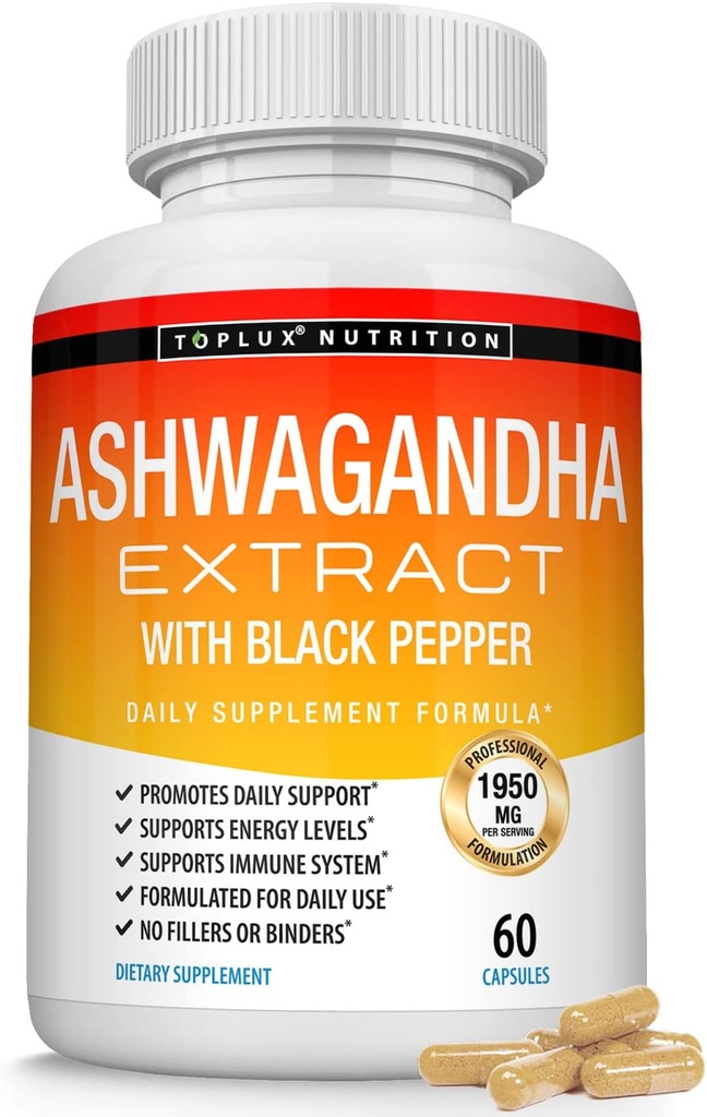 Βιολογικά χάπια σκόνης ρίζας Ashwagandha 1950 Mg με εκχύλισμα μαύρου πιπεριού - καθαρό συμπλήρωμα φυσικής Ashwagandha, ενέργεια υποστήριξης, για τις γυναίκες ανδρών, 60 κάψουλες