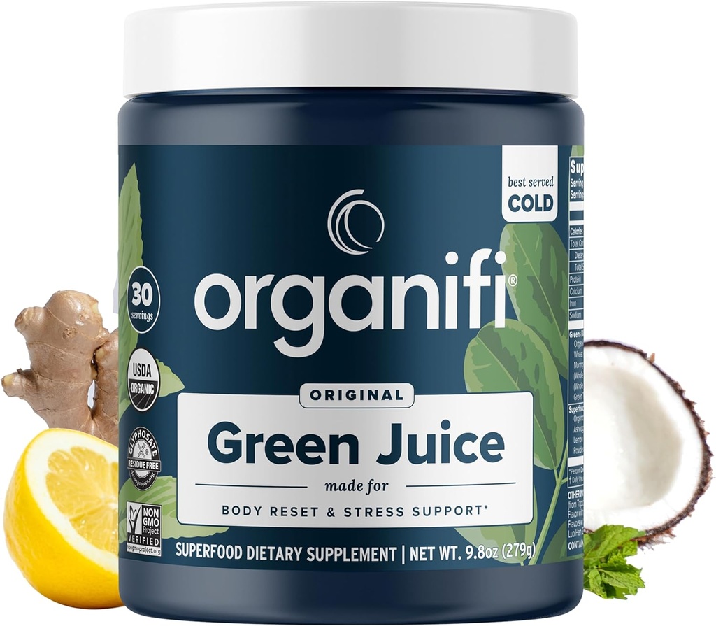 Organifi Green Juice - συμπλήρωμα σκόνης με Organic Spirulina, Ashwagandha, και Chlorella - Βοηθά στην επίτευξη στόχων καταλληλότητας και τη μείωση των επιπέδων κορτιζόλης, 30-Day Supply