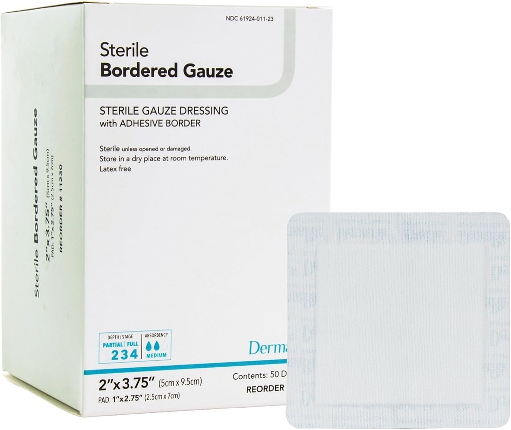 DermaRite's Sterile Bordered Gauze Dressing with Adhesive Border - Ευέλικτο μη-Linting υλικό, First-Aid, Ατομικά συσκευασμένο - 2 in. x 3-3/4 in., 1 Count, 50 συσκευασίες, 50 Σύνολο