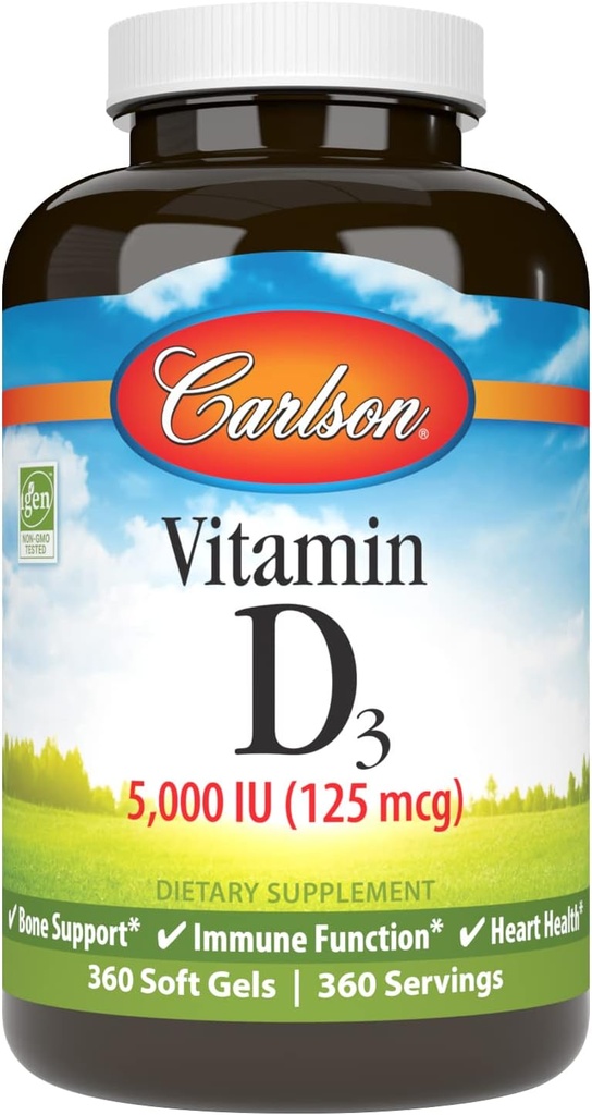 Carlson Βιταμίνη D3 5.000 IU, Υγεία των οστών, 360 μαλακά γέλη