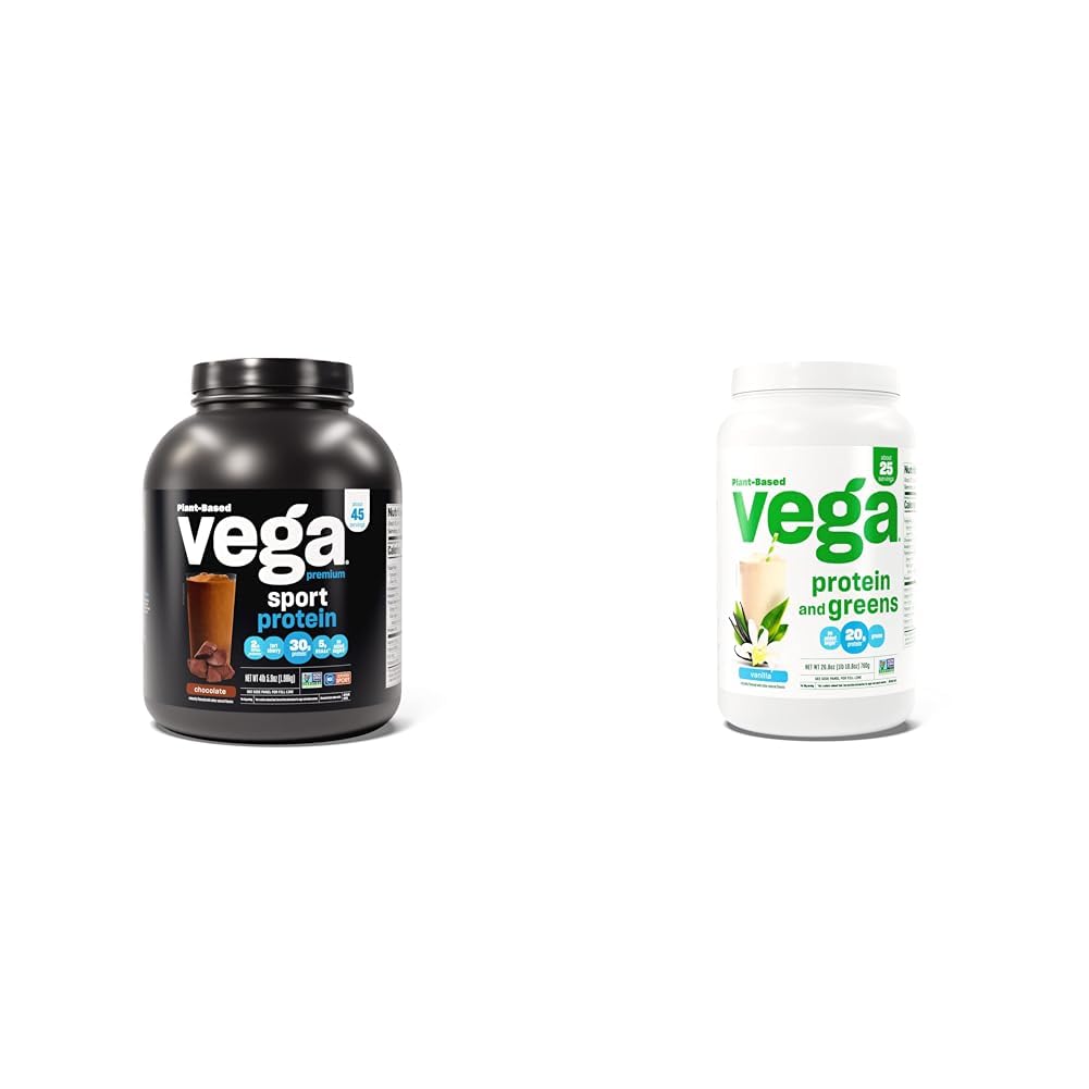 Vega Sport Premium Vegan Protein Powder Chocolate (45 σερβιρίσματα) 30g Plant Based Protein & Protein and Greens Protein Powder, Vanilla - 20g Plant Based Protein Plus Veggies
