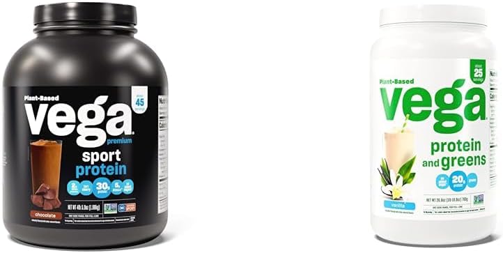 Vega Sport Premium Vegan Protein Powder Chocolate (45 σερβιρίσματα) 30g Plant Based Protein & Protein and Greens Protein Powder, Vanilla - 20g Plant Based Protein Plus Veggies