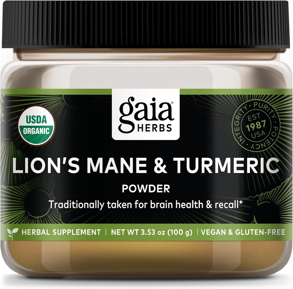 Gaia Herbs Lion's Mane & Turmeric Powder - συμπλήρωμα βοτάνων σε σκόνη για να βοηθήσει τη διατήρηση της υγείας του εγκεφάλου και να υπενθυμίσει - USDA Certified Organic-3.53 Oz (Μέχρι 45 ημερών προμήθεια)