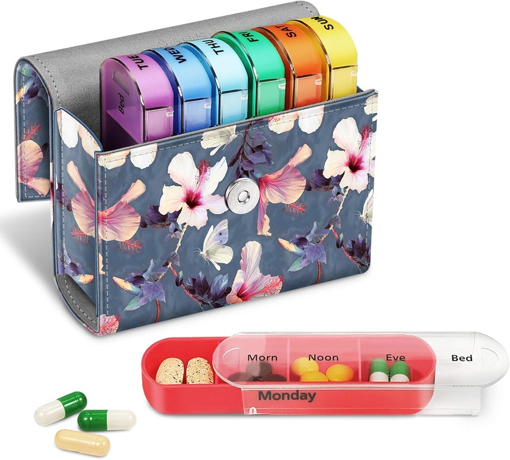 FINPAC Weekly Pill Organizers 4 Times A Day, Slide Open PU Leather Case Travel Pill Vitamin Medicine Reminder and Planner with Name Card for Morning| Afternoon| Evening| Bedtime (Blooming Hibiscus)