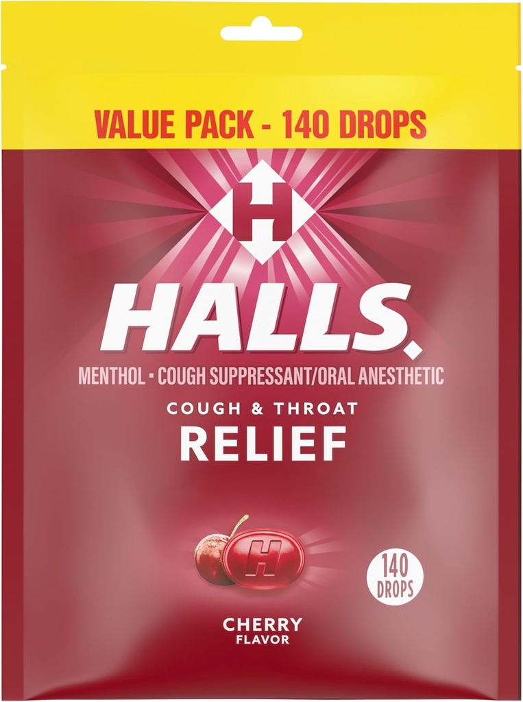 Halls ανακούφιση Cherry Βήχας σταγόνες, πακέτο αξίας, 140 σταγόνες