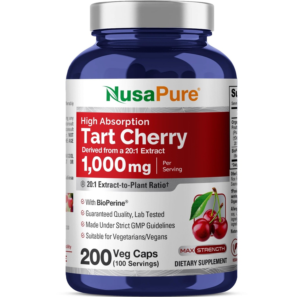 NusaPure Organic Tart Cherry 20:1 Extract, 1000 mg Ισοδύναμο με 20.000 mg 200 Veggie Caps (Vegan, Non-GMO) Bioperine
