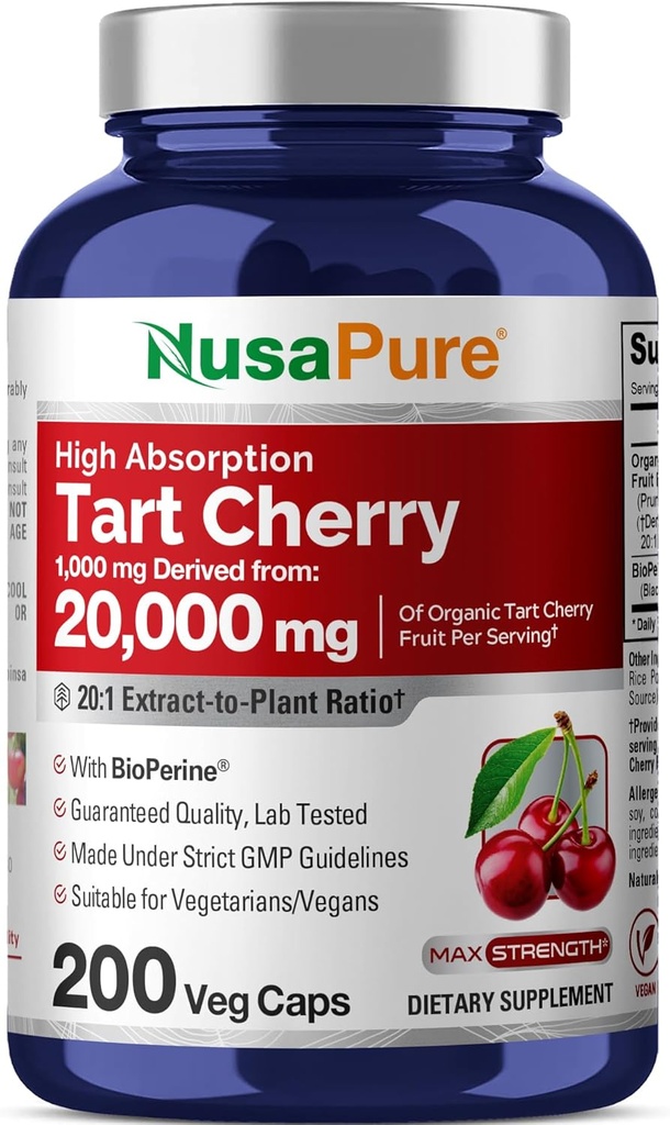NusaPure Organic Tart Cherry 20:1 Extract, 1000 mg Ισοδύναμο με 20.000 mg 200 Veggie Caps (Vegan, Non-GMO) Bioperine