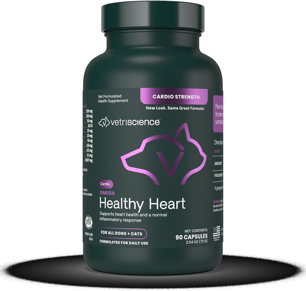 VetriScience Omega Healthy Heart Easy-Open Κάψουλες, Cardio δύναμη Ταυρίνη και Omega-3 συμπλήρωμα για σκύλους και γάτες, συμπλήρωμα υποστήριξης της καρδιάς για κατοικίδια ζώα, 90 Count