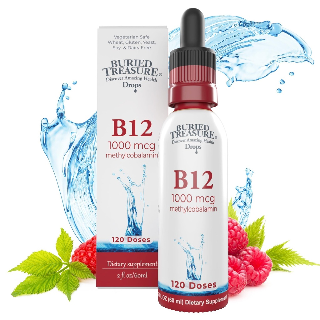 Θαμμένος Θησαυρός B12 σταγόνες - 1000mcg Βιταμίνη B12 Μεθυλοκοβαλαμίνη ανά υπηρεσία, 120 υπηρεσίες - Υπογλώσσια B12, Χωρίς αλκοόλ, Vegan, Βατόμουρο Γεύση, μπουκάλι 2 oz, Αποφοίτων Σταγονομετρητής Ακριβής Δοσολογία