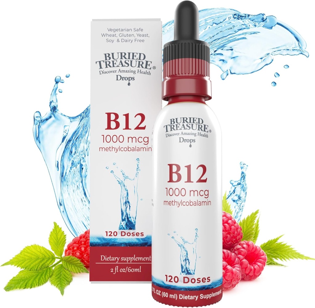 Buried Treasure B12 Drops - 1000mcg Vitamin B12 Methylcobalamin per Serving, 120 Servings - Sublingual B12, Alcohol-Free, Vegan, Raspberry Flavor, 2 oz Bottle, Graduated Dropper Accurate Dosing