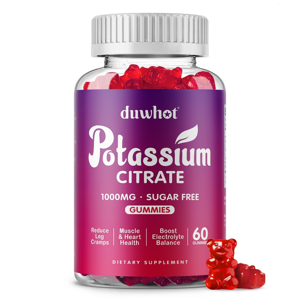 Citrate κάλιο 1000mg Gummies, συμπλήρωμα καλίου για ενήλικες γυναίκες και άνδρες, πόδι στήριξης Cramps & μυϊκή υγεία, 60 μασώμενα