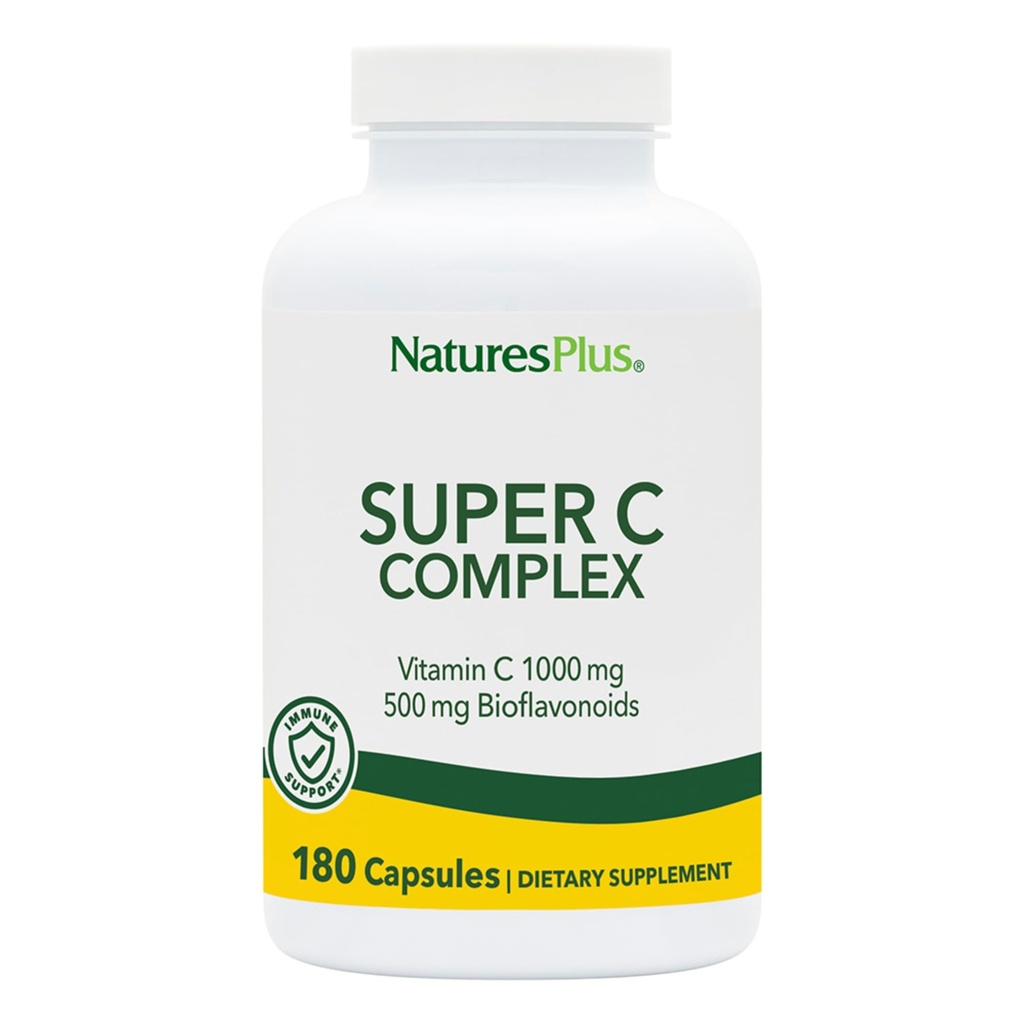NaturesPlus Super C Complex - 180 Κάψουλες - 1000mg Βιταμίνη C + 500mg Βιοφλαβονοειδή - Vegan, Χωρίς γλουτένη - 90 Σερβιέτες