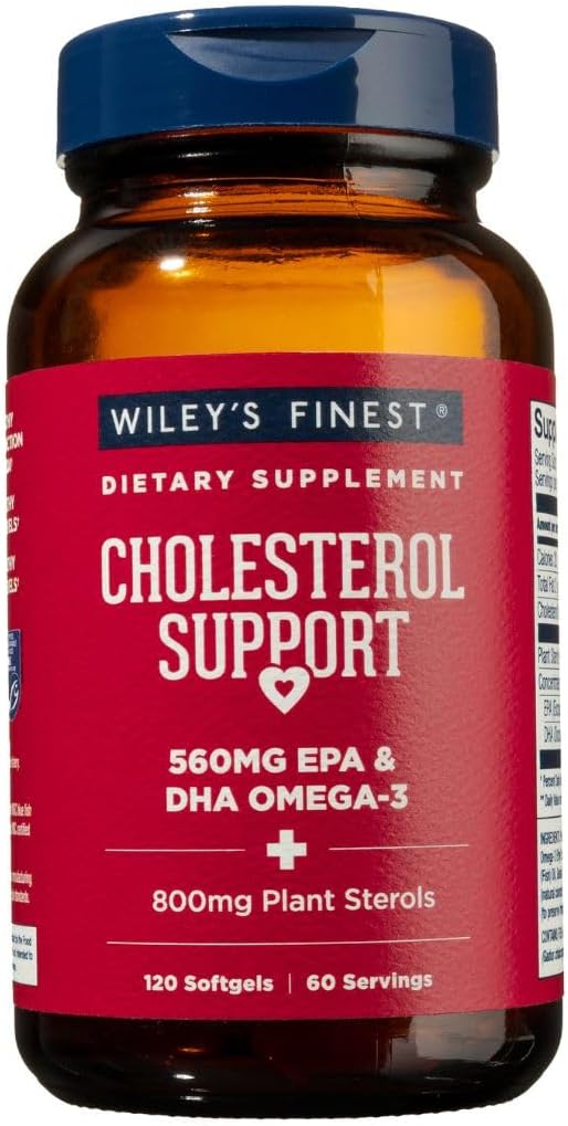 Wiley's Finest Wild Alaskan Fish Oil Cholesterol Support - Heart Health Supplement for Men and Women - 560mg Omega-3s - 120 Softgels (60 Servings)