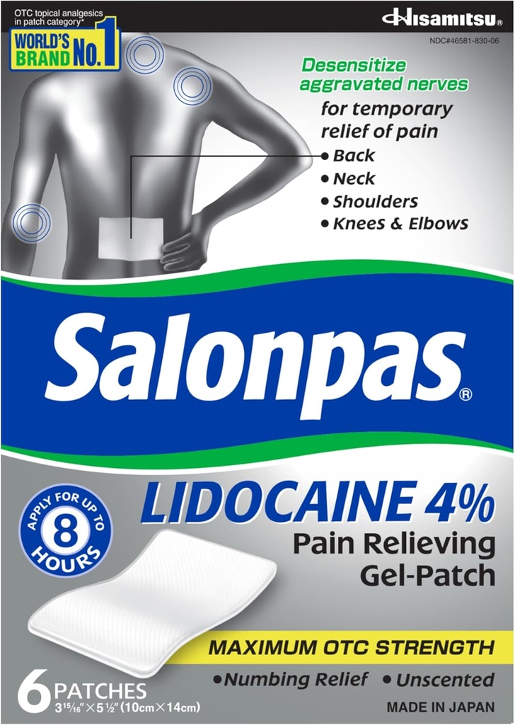 Salonpas Λιδοκαΐνη 4% Πόνος ανακούφιση Gel-Patch, 6 κόμης, για πλάτη, λαιμός, ώμος, γόνατο και αγκώνα Πόνος