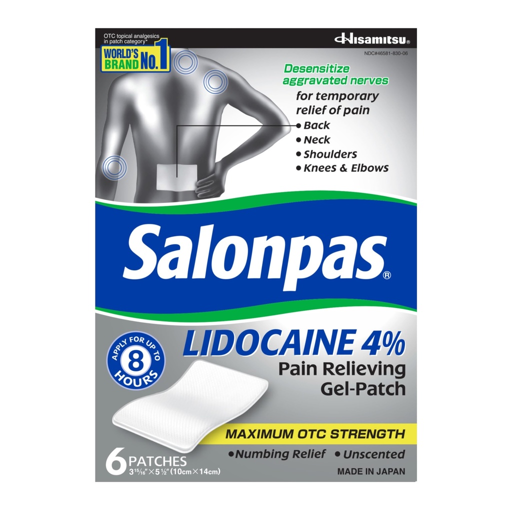 Salonpas Λιδοκαΐνη 4% Πόνος ανακούφιση Gel-Patch, 6 κόμης, για πλάτη, λαιμός, ώμος, γόνατο και αγκώνα Πόνος