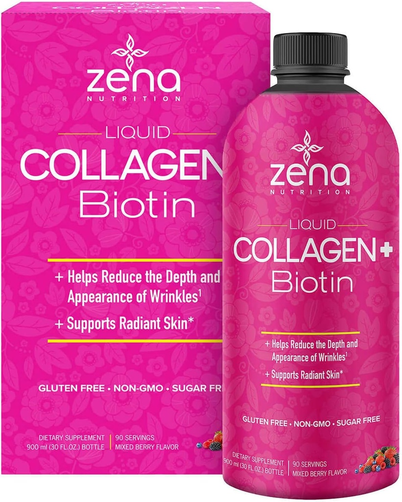 Zena Liquid Collagen + Biotin: 2500mg Collagen, 5000mcg Biotin, Verisol Formula | Hair, Skin, Nail & Joint Support | Non-GMO, Mixed Berry Flavor | 90 Servings