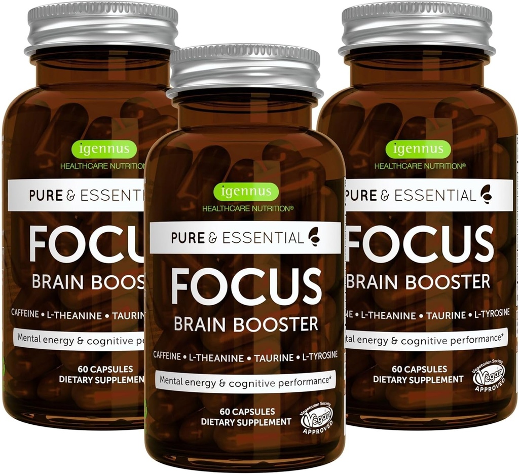 Igennus Focus - Nootropic με 200mg Φυσική καφεΐνη, μεθυλιωμένες βιταμίνες Β, L-Θεανίνη, Ταυρίνη, L-Τυροσίνη, Καθαρή Ενέργεια, Εγκέφαλος Booster & Γνωστική Απόδοση, Μη Jittery, 180 Κάψουλες
