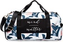 Gym Bag for Women with Shoe Compartment and Wet Pocket | Durable Lightweight Gym Duffle Bag with Motivational Quote and Graphic Designs | Great for Exercise and Overnights | White/Navy - Guava Leaf