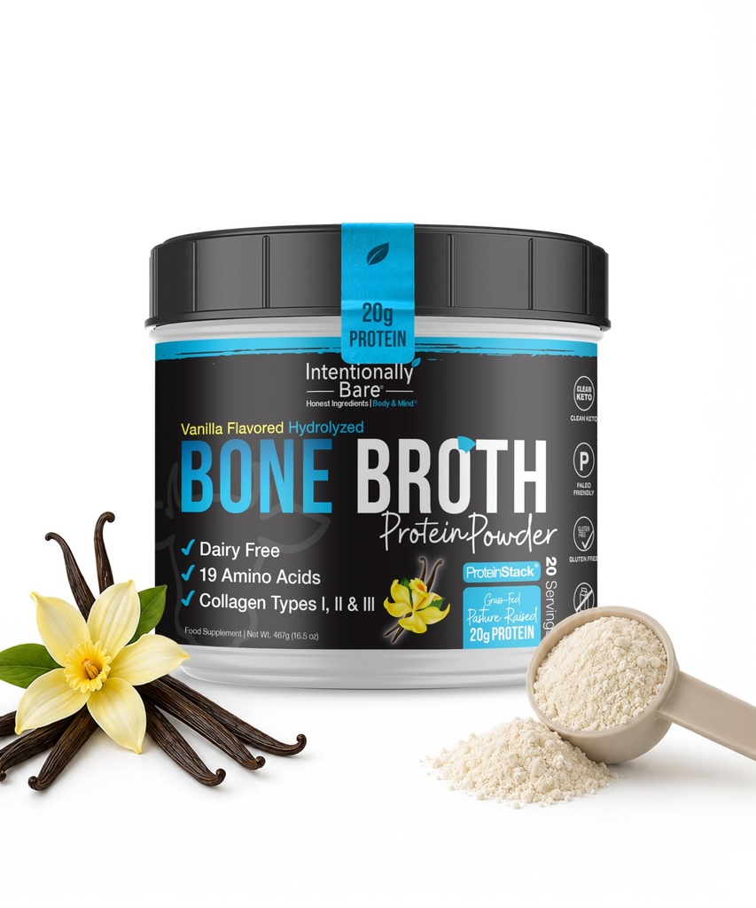 Intentionally Bare Bone Broth Powder - Grass Fed Bone Broth Protein Powder - Collagen Peptides Type 1, 2 & 3 - Dairy Free Hydrolyzed Collagen for Skin, Hair, Gut & Joints – Vanilla - 20 Servings