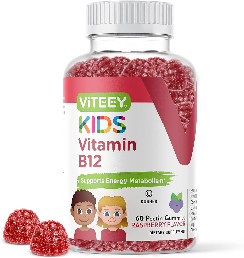 Viteey Βιταμίνη B12 για παιδιά Gummies, 1000mcg - Μεταβολισμός, Φυσική Ενέργεια Υποστήριξη - Vegan, Ζελατίνη Χωρίς, Γλουτένη Χωρίς, GMO Δωρεάν - Νόστιμο Μασώμενο B12 Βατόμουρο Γεύση Gummy