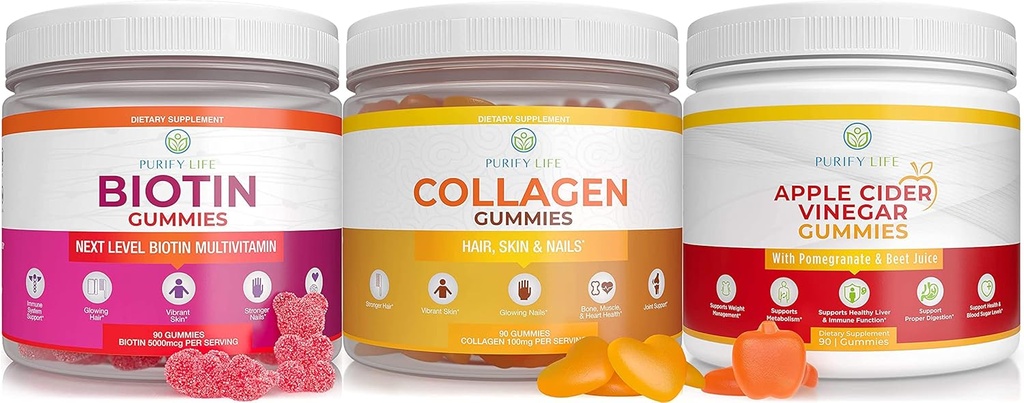 Καθαρίστε τη ζωή μηλίτη μηλίτη ξύσμα, κολλαγόνο & Biotin Bundle, Gut Health & Digestion, Gummies για την ανάπτυξη των μαλλιών, υγιή δέρμα & νύχια, Vegan, χωρίς γλουτένη, μη ΓΤΟ Όλα τα φυσικά συμπληρώματα