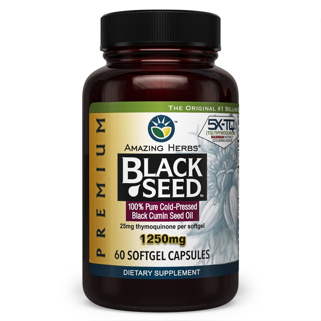 Amazing Herbs Premium Black Seed Oil Capsules - Υψηλή ισχύς, Ψυχρή πίεση Nigella Sativa Aids in Digestive Health, Immune Support & Brain Function - 60 Count, 1250mg