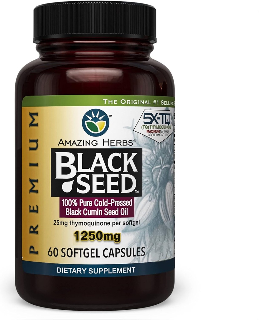 Amazing Herbs Premium Black Seed Oil Capsules - High Potency, Cold Pressed Nigella Sativa Aids in Digestive Health, Immune Support & Brain Function - 60 Count, 1250mg