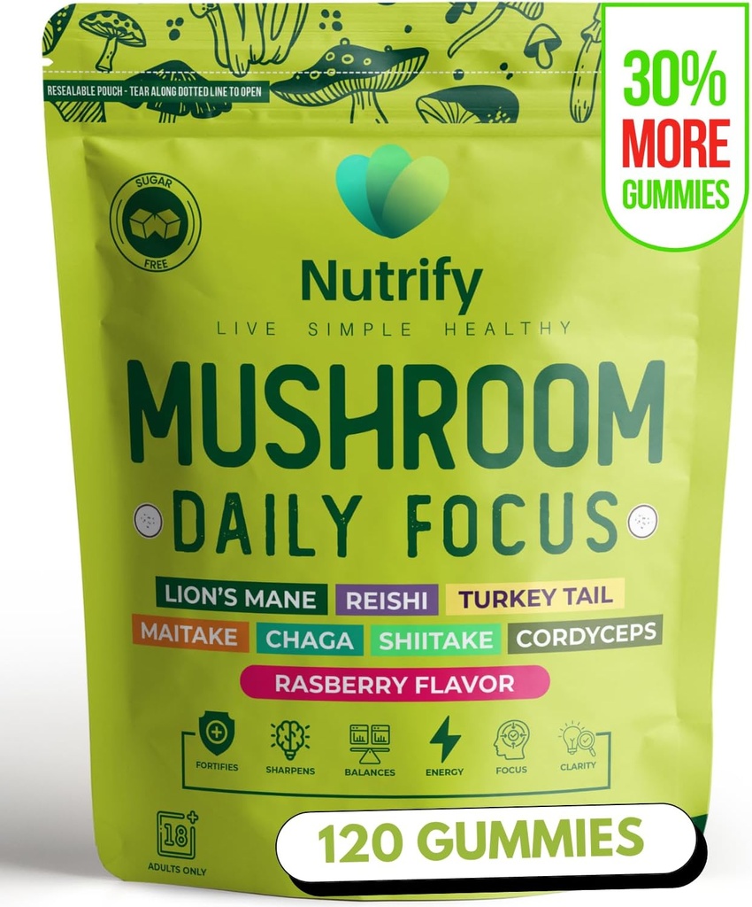 Nutrify 120 Mushroom Gummies Ανοσολογική υποστήριξη & εγκεφαλική απόδοση Resilience & Memory Boost with Reishi, Cordyceps, Turkey Tail, Maitake, Shiitake & Chaga Delicious Raspberry Flavor Vegan & Sugar Free