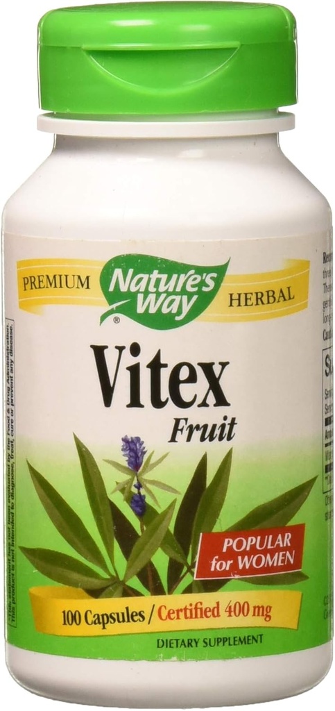 Nature's Way Vitex Fruit 400 χιλιοστόγραμμα, 100 κάψουλες χορτοφάγων. Συσκευασία του 1 Φιάλη