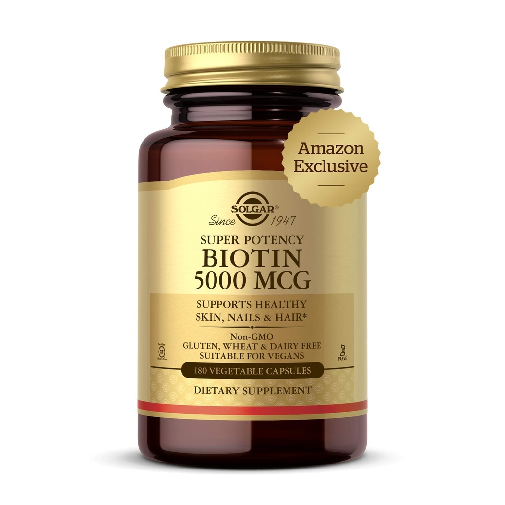 Solgar Biotin 5000 mcg - Υποστηρίζει υγιές δέρμα, νύχια & μαλλιά - Υποστηρίζει την παραγωγή ενέργειας & Μεταβολισμός - Βιταμίνη Β - μη-GMO, Vegan, Χωρίς γλουτένη - 180 Μέτρα