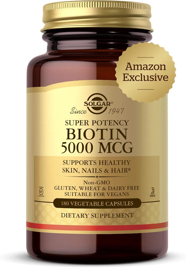 Solgar Biotin 5000 mcg - Υποστηρίζει υγιές δέρμα, νύχια & μαλλιά - Υποστηρίζει την παραγωγή ενέργειας & Μεταβολισμός - Βιταμίνη Β - μη-GMO, Vegan, Χωρίς γλουτένη - 180 Μέτρα