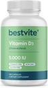 BESTVITE Βιταμίνη D3 5000 IU (365 Κάψουλες) - Όχι Στεατικά - Μη ΓΤΟ - Χωρίς γλουτένη - 1 έτος προσφοράς βιταμίνης D