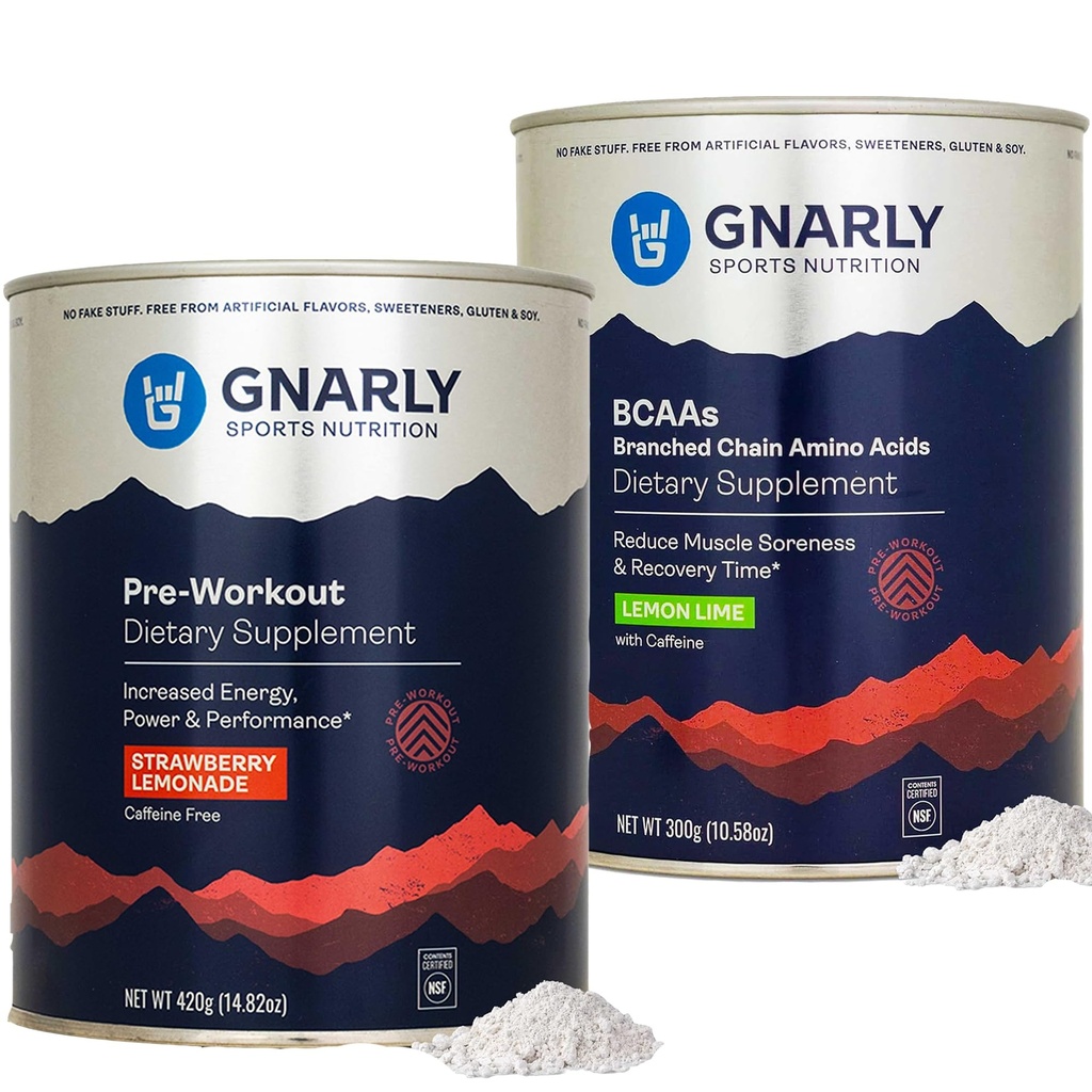 Gnarly Nutrition Gnarly Preworkout Φράουλα Λεμονάδα χωρίς καφεΐνη (14,82oz) BCAAs Λεμονί (10,58oz)